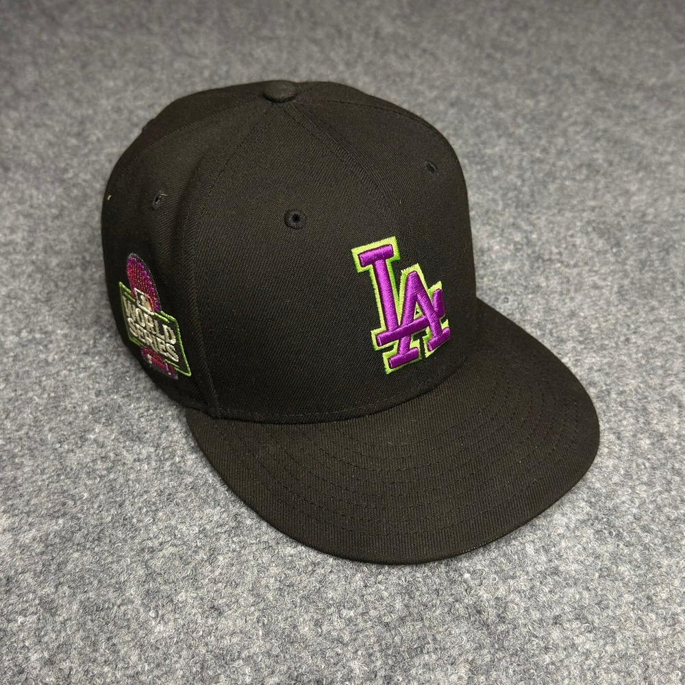LA Dodgers New Era 59FIFTY Fitted Hat 7 1/2 Black Purple Green Patch